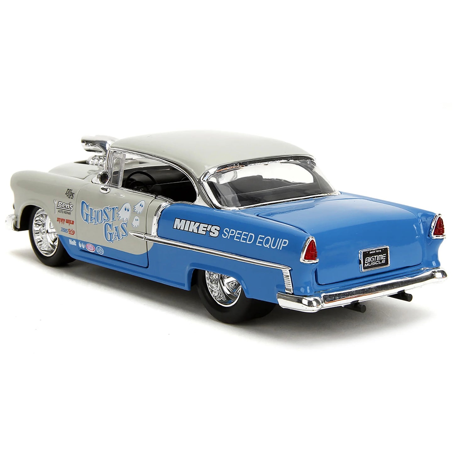 Chevrolet Bel Air 1955 "Ghost Gas - Mike's Speed Equip" Light Gray & Blue "Bigtime Muscle" Series 1/24 Diecast Model Car por Jada (as seleções podem variar)
