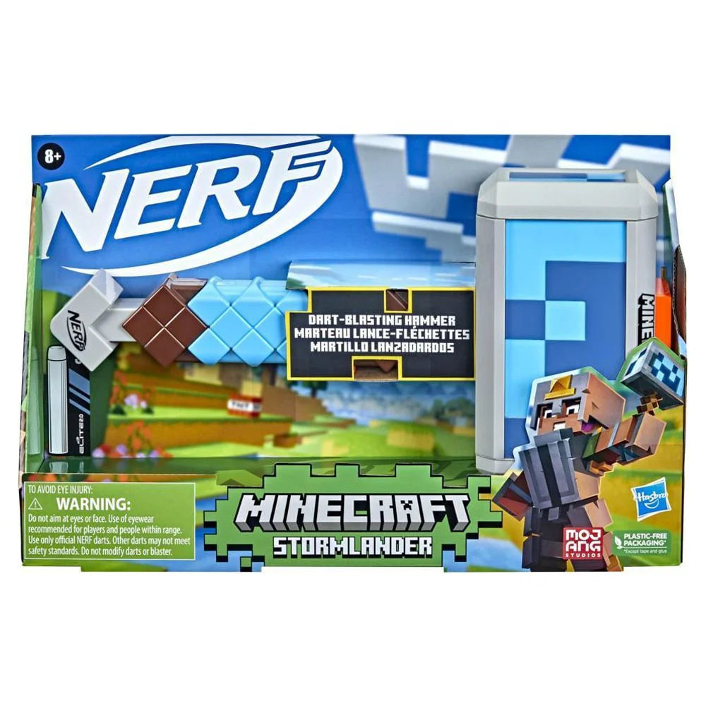 Nerf Minecraft Stormlander Dart-Blasting Hammer, Dispara 3 Dardos, Inclui 3 Nerf Elite Darts, Alça de Preparação Puxável