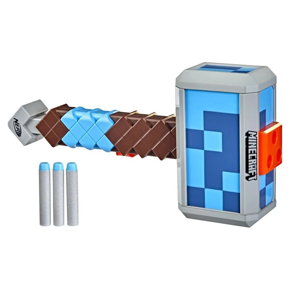 Nerf Minecraft Stormlander Dart-Blasting Hammer, Dispara 3 Dardos, Inclui 3 Nerf Elite Darts, Alça de Preparação Puxável