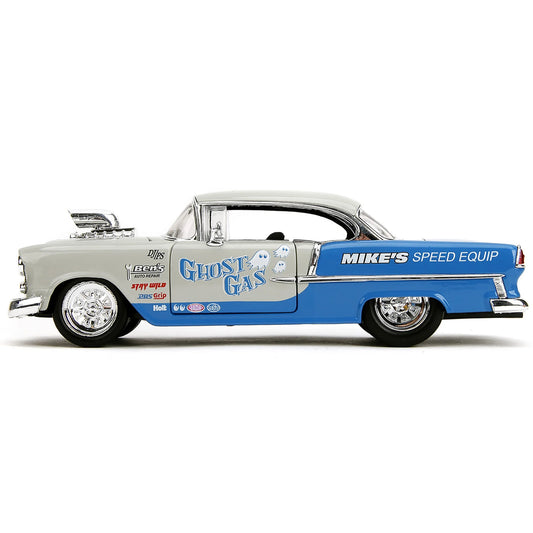 Chevrolet Bel Air 1955 "Ghost Gas - Mike's Speed ​​Equip" Light Gray &amp; Blue "Bigtime Muscle" Series 1/24 Diecast Model Car por Jada (as seleções podem variar)