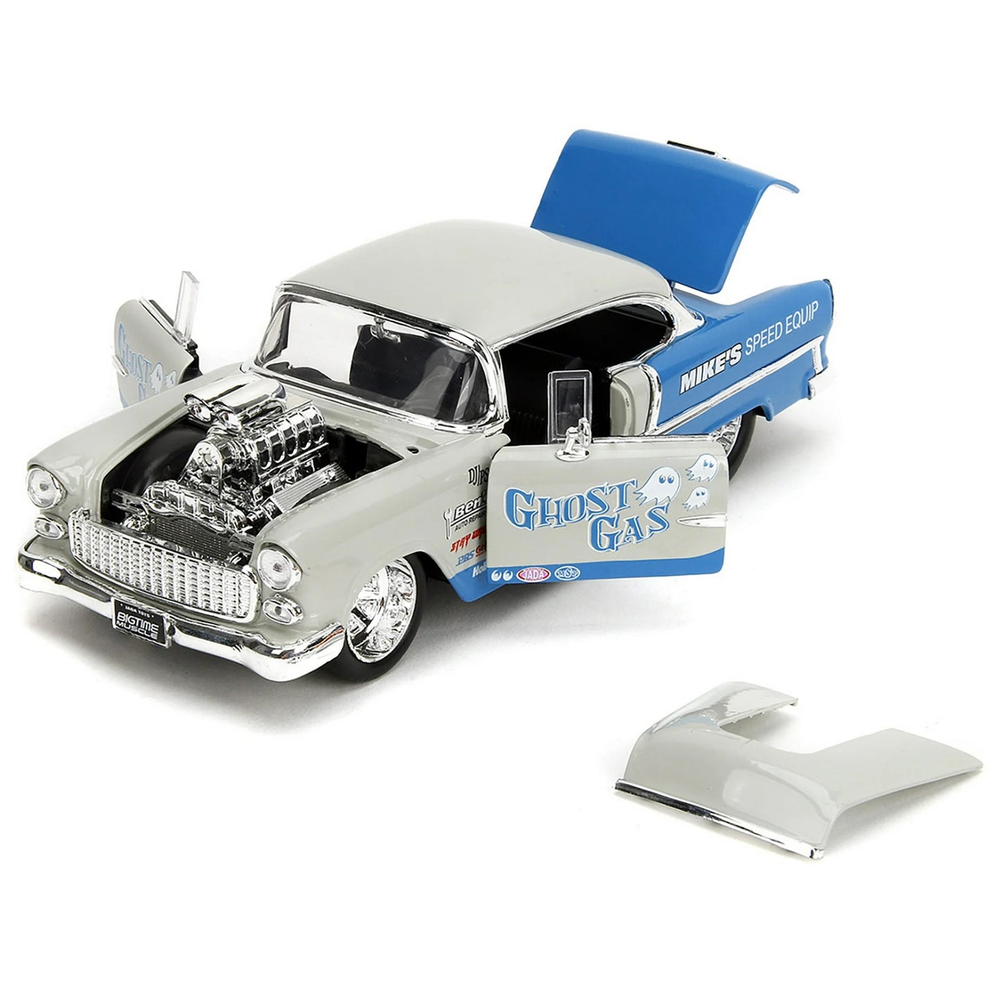 Chevrolet Bel Air 1955 "Ghost Gas - Mike's Speed ​​Equip" Light Gray &amp; Blue "Bigtime Muscle" Series 1/24 Diecast Model Car por Jada (as seleções podem variar)